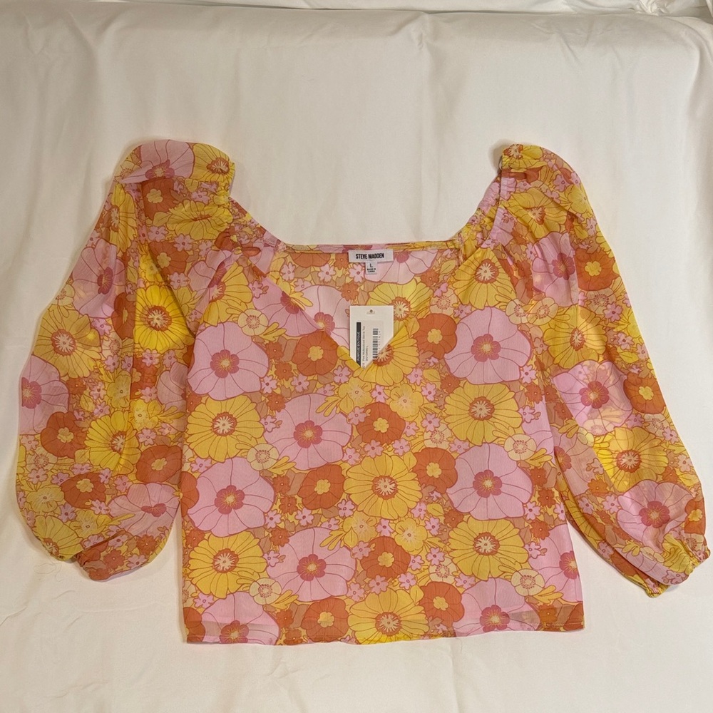 STEVE MADDEN Floral Puff Sleeve Top - Pink and Yellow
